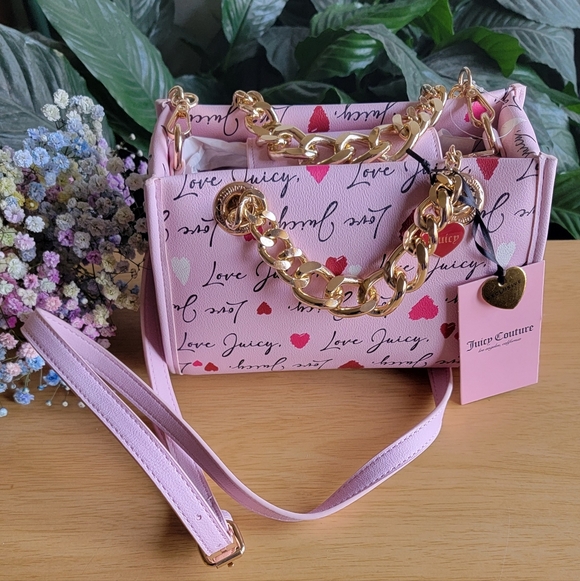 Juicy Couture Handbags - Juicy Couture Pink Heart Print Crossbody Bag With Rhinestone Charm